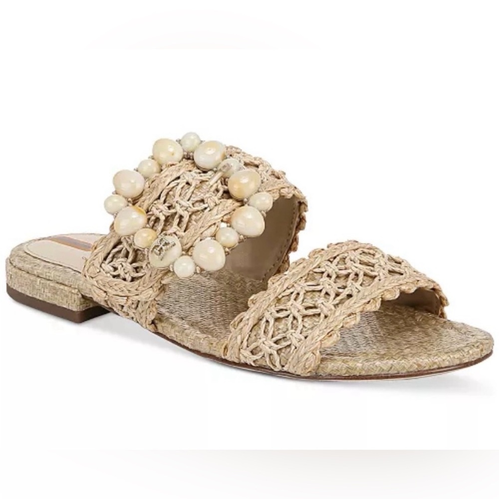 SAM EDELMAN Elisa Woven Natural Raffia Embellished Buckle Double Band Sandals